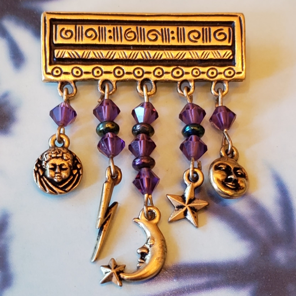 Moon Sun Face Brooch Purple Glass Beads